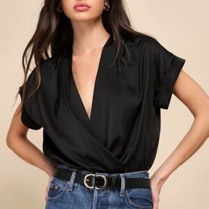 Posh Precision Black Satin Surplice Short Sleeve Bodysuit